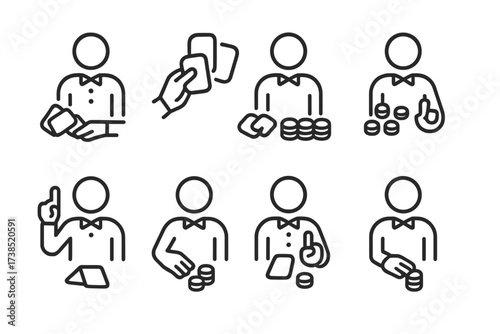 Dealer Actions Icons. Outline icon set of dealer actions: dealing cards, shuffling deck, distributing chips, announcing bets, collecting bets, signaling, card