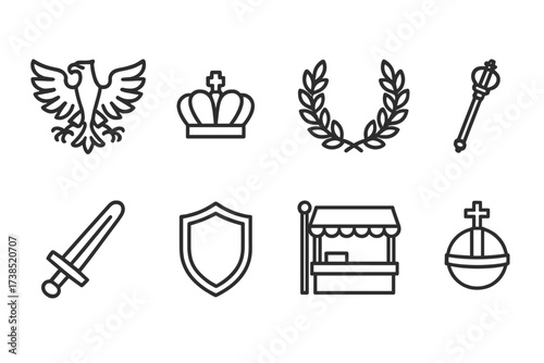 Empire and Noble Icons. Outline icon set of empire symbols: eagle, crown, laurel wreath, scepter, sword, shield, banner, orb. Line icons in only black color,