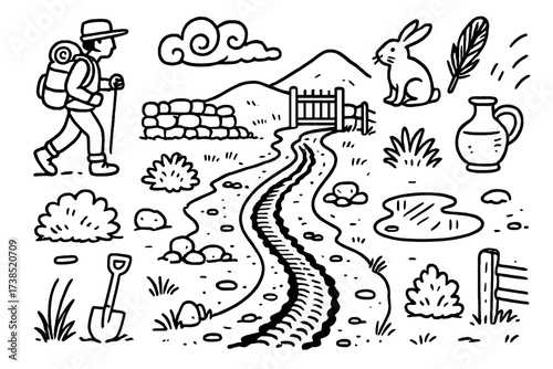 Muddy Path Doodles. Mud Path. Hand-drawn doodle illustration mud path dirt steps, backpacker, hill, muddy tire mark, stone wall, puddle reflection, rabbit,