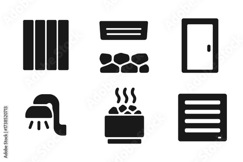 Steam Room Icons. Solid, filled icon set of steam room architecture: wooden walls, stone floor, ceiling vent, glass door, lighting fixture, steam pipe, heater