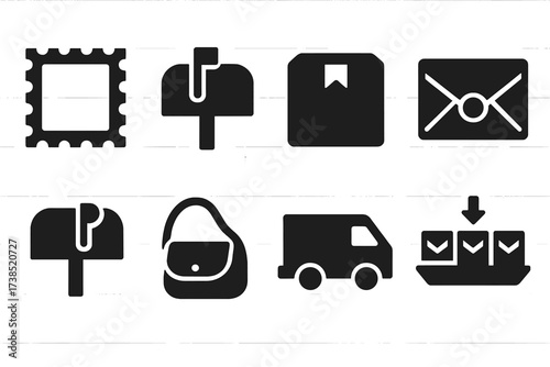 Postal Mail Icons. Solid, filled icon set of postal mail: postage stamp, mailbox flag, parcel, letter sealed, mailbox open, postman bag, delivery van, mail