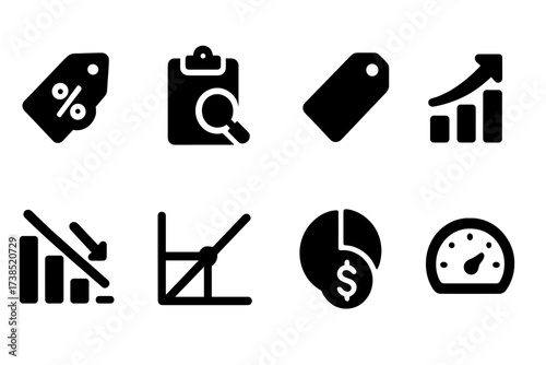 Profit Metrics Icons. Solid, filled icon set of profit margin metrics: percentage tag, cost analysis, price tag, revenue bar, expense chart, break-even point,