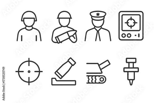 Howitzer Icon Set. Outline icon set of howitzer operation: gunner, loader, commander, fire control system, aiming reticle, shell loading, recoil absorption,