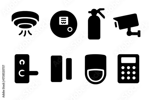 Home Safety Icons. Solid, filled icon set of home safety devices: smoke detector, carbon monoxide alarm, fire extinguisher, security camera, door lock, window