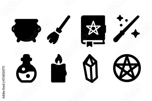Witchcraft Tools Icons. Solid, filled icon set of witchcraft tools: cauldron, broomstick, spellbook, wand, potion bottle, candle, crystal, pentacle. [Line