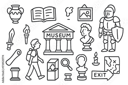Ancient Museum Doodle. Hand-drawn doodle illustration Ancient history museum walk museum building, knight armor, ancient vase, old book, statue bust, painting,