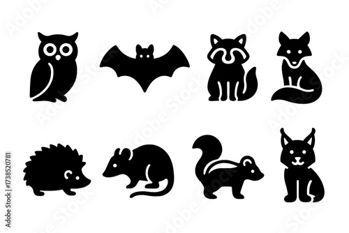 Nocturnal Animal Icons. Solid, filled icon set of wildlife nocturnal animals: owl, bat, raccoon, fox, hedgehog, possum, skunk, lynx. [Line icons in only black