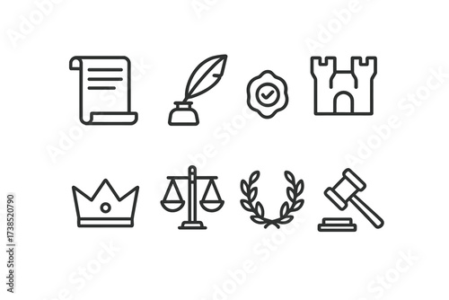 Feudal and Workflow Icons. Outline icon set of feudal administration: scroll, quill, seal, castle, crown, scales, laurel wreath, gavel. Line icons in only