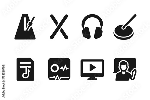 Kick Pedal Practice Icons. Solid, filled icon set of kick pedal practice and rehearsal: metronome, drumsticks, headphones, practice pad, music sheet, recording