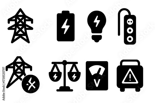 Power Management Icons. Solid, filled icon set of power management: power grid, battery indicator, energy saving, surge protector, power outage, load