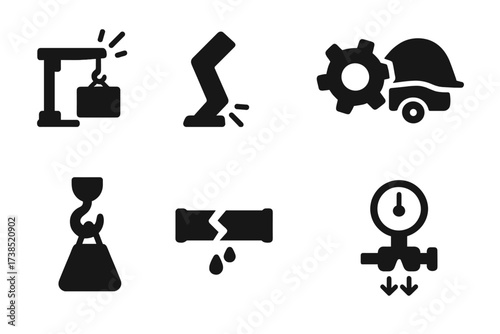 Mechanical Overload Icons. Solid, filled icon set of mechanical overload: overloaded crane, bent beam, broken gear, overloaded truck, lifting hook with weight,
