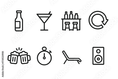 Happy Hour Icons. Outline icon set of happy hour: beer bottle, cocktail glass, bar counter, neon sign, clinking glasses, timer, lounge chair, music speaker.