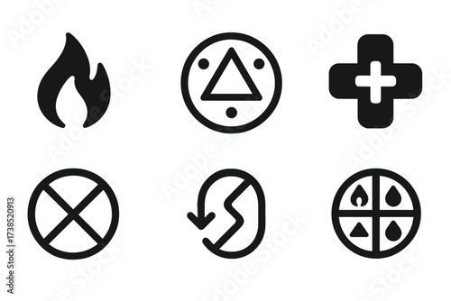 Magic Spellbook Icons. Solid, filled icon set of spellbook contents: fire spell rune, water sigil, summoning glyph, healing charm, binding circle,