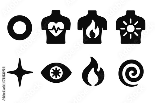 Energy Icons Collection. Solid, filled icon set of energy sources within: glowing core, heartbeat, sun burst, flame inside chest, shining star, eye light,