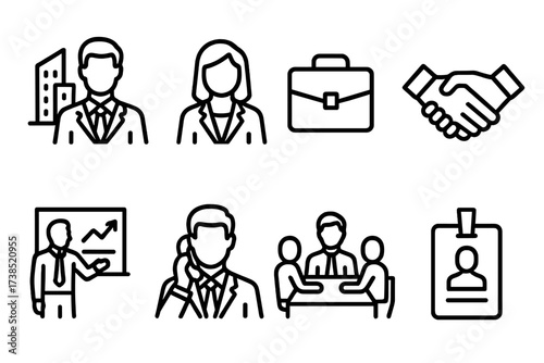 Business Icons Set. Outline icon set of business professionals in financial district: businessman, businesswoman, briefcase, handshake, presentation, phone