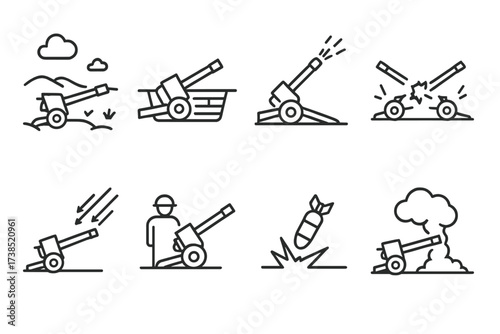 Howitzer Combat Icons. Outline icon set of howitzer combat scenarios: battlefield, trench, artillery strike, counter-battery fire, fire mission, artillery