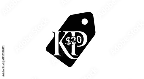 Promotional tag with the letters KP in the center and the price of 20 dollars inside