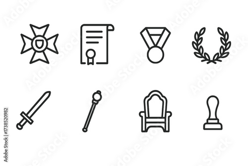 Noble Titles Icon Set. Outline icon set of noble titles and honors: knight badge, royal decree, medal ribbon, laurel wreath, ceremonial sword, scepter, throne,