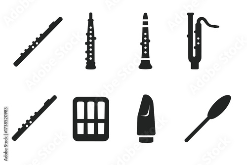 Woodwind Instrument Icons. Solid, filled icon set of woodwind instruments: flute, oboe, clarinet, bassoon, piccolo, reed case, mouthpiece, swab. Solid, filled