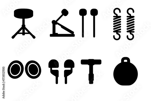 Bass Drum Accessories. Solid, filled icon set of bass drum playing accessories: drum throne, foot pedal, beaters, pedal springs, practice pads, mufflers,