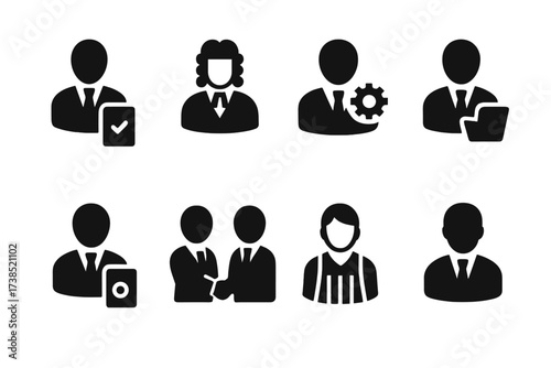 Agreement Role Icons. Solid, filled icon set of agreement participants: client, lawyer, manager, witness, notary, partner, vendor, employee. [Solid, filled