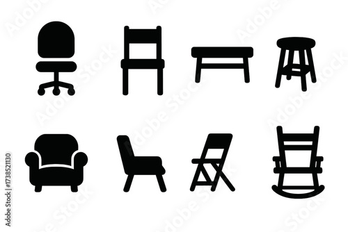 Chair Icon Grid. Solid, filled icon set of seat types: office chair, dining chair, bench, stool, armchair, recliner, folding chair, rocking chair. Solid,