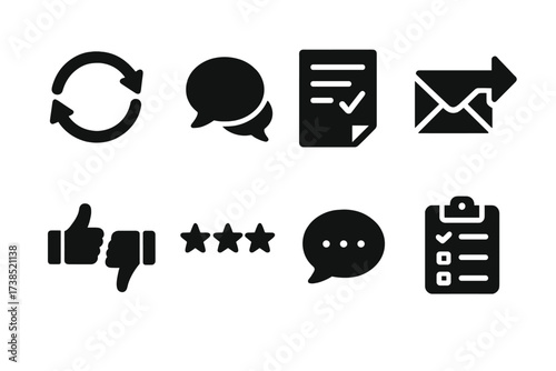 Peer Feedback Icons. Solid, filled icon set of peer feedback loop: arrows cycle, chat bubbles, feedback form, email reply, thumbs up/down, review stars,