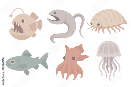 Ocean Abyss Creatures. Isometric vector illustration set Ocean abyss creatures: anglerfish, gulper eel, giant isopod, lanternfish,