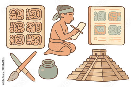 Mayan Cultural Icons. Isometric vector illustration set Mayan city writing culture: glyph wall carving, scribe figure, codex page,