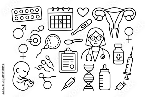 Family Planning Icons. Hand-drawn doodle illustration Family planning and reproductive care contraception pill, calendar, pregnancy test, uterus, sperm, egg