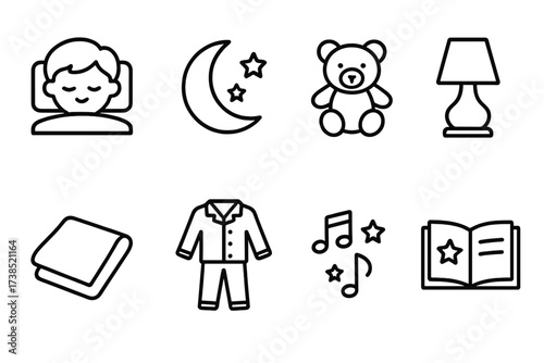 Children's Bedtime Icons. Outline icon set of children?s bedtime: sleeping child, moon and stars, teddy bear, night lamp, blanket, pajamas, lullaby music,