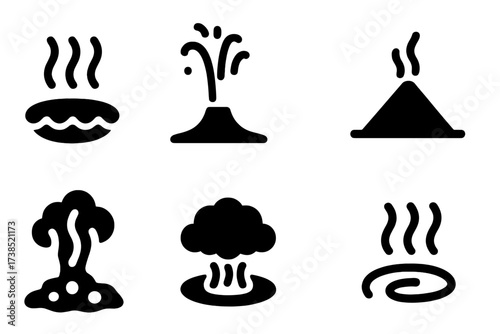 Steam Symbol Icons. Solid, filled icon set of steam symbols in nature: hot spring, geyser, steam vent, volcanic fumarole, boiling mud, steam cloud, thermal