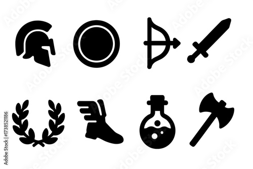 Mythical Heroes Icons. Solid, filled icon set of mythological heroes: warrior helmet, shield, bow and arrow, sword, laurel crown, winged boots, magic potion,