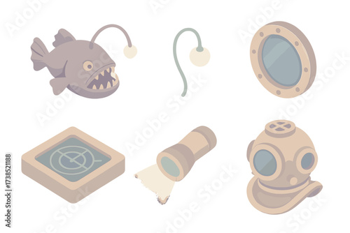 Mysterious Deep Sea Icons. Isometric vector illustration set Mysterious deep sea: anglerfish, glowing lure, submarine window,
