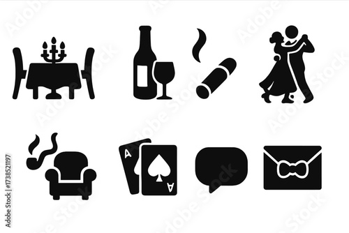 Gentleman Social Life Icons. Solid, filled icon set of gentleman social life: dinner table, wine bottle, cigar, ballroom dance, smoking lounge, card game,