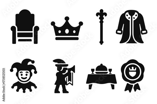 Royal Court Icons. Solid, filled icon set of royal court: throne, crown, scepter, royal robe, court jester, herald, banquet table, royal seal. Solid, filled