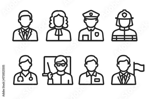 Government Employee Icons. Outline icon set of government employees: official, judge, police officer, firefighter, healthcare worker, teacher, clerk, diplomat.