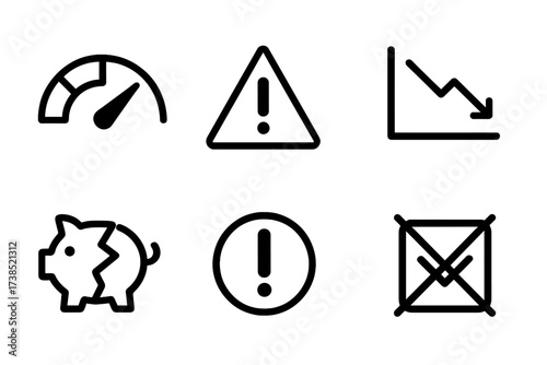 Credit Score Decline Icons. Solid, filled icon set of credit score decline: downward trend, alert symbol, warning triangle, broken shield, falling line chart,