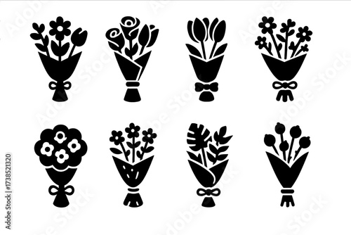 Flower Icon Grid. Solid, filled icon set of flower bouquets: mixed bouquet, rose bouquet, tulip bunch, wildflower bouquet, bridal bouquet, garden bouquet,