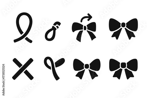 Bow Tying Icons. Solid, filled icon set of bow tying steps: loop, knot, pull, adjust, tighten, cross, fold, secure. Solid, filled icons in only black color.