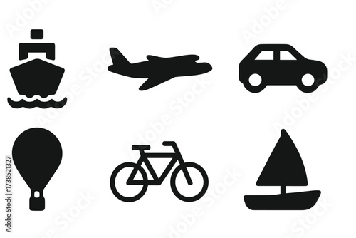 Navigation Vehicle Icons. Solid, filled icon set of navigation vehicles: ship, airplane, car, submarine, hot air balloon, bicycle, drone, sailboat. [Solid,