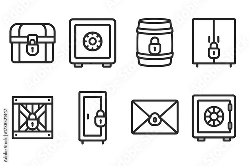 Secure and Share Icons. Outline icon set of locked and sealed containers: locked chest, safe box, sealed barrel, locked cabinet, secured crate, locked locker,