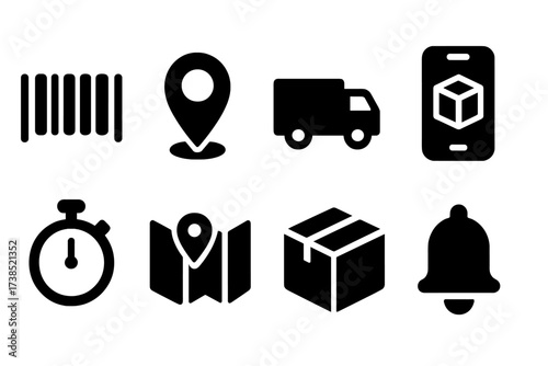 Package Tracking Icons. Solid, filled icon set of package tracking: barcode, GPS pin, delivery truck, mobile phone with app, stopwatch, map, parcel,