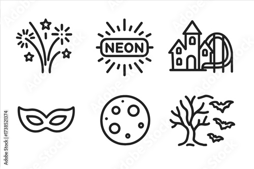 Night Thrill Icons. Outline icon set of night thrill: fireworks, neon lights, haunted house, roller coaster, carnival mask, full moon, spooky tree, bats. Line
