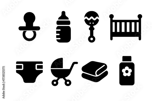 Baby Care Icons. Solid, filled icon set of gentle baby care: pacifier, baby bottle, rattle, crib, diaper, stroller, soft blanket, baby lotion. Solid, filled