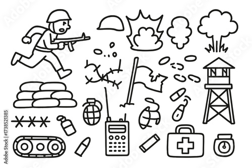 Warzone Doodle Elements. Hand-drawn doodle illustration Warzone retreat elements soldier running, rifle, helmet, explosion, smoke, sandbag, barbed wire, broken