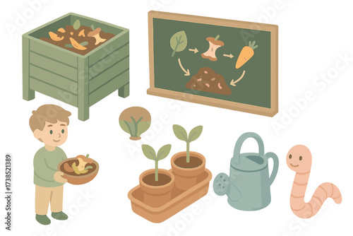 Eco School Composting Icons. Isometric vector illustration set Eco school composting: compost bin, chalkboard diagram, student