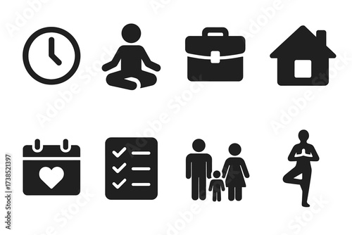 Work-Life Balance Icons. Solid, filled icon set of work-life balance: clock, person meditating, briefcase, house, calendar with heart, checkmark list, family