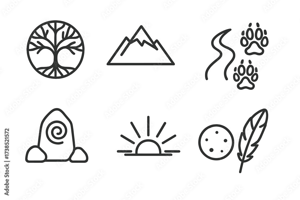 Fototapeta premium Nature Worship Icons. Outline icon set of nature worship: tree of life, mountain peak, flowing river, animal tracks, sacred stone, sunbeam, full moon, eagle