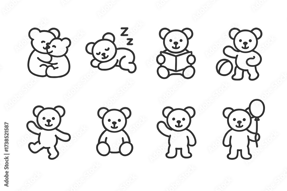 Naklejka premium Teddy Bear Icon Set. Outline icon set of teddy bear activities: hugging, sleeping, reading, playing ball, dancing, sitting, waving, holding balloon. Line icons
